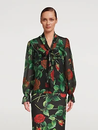 Silk Chiffon Pussy-Bow Blouse Rose Print