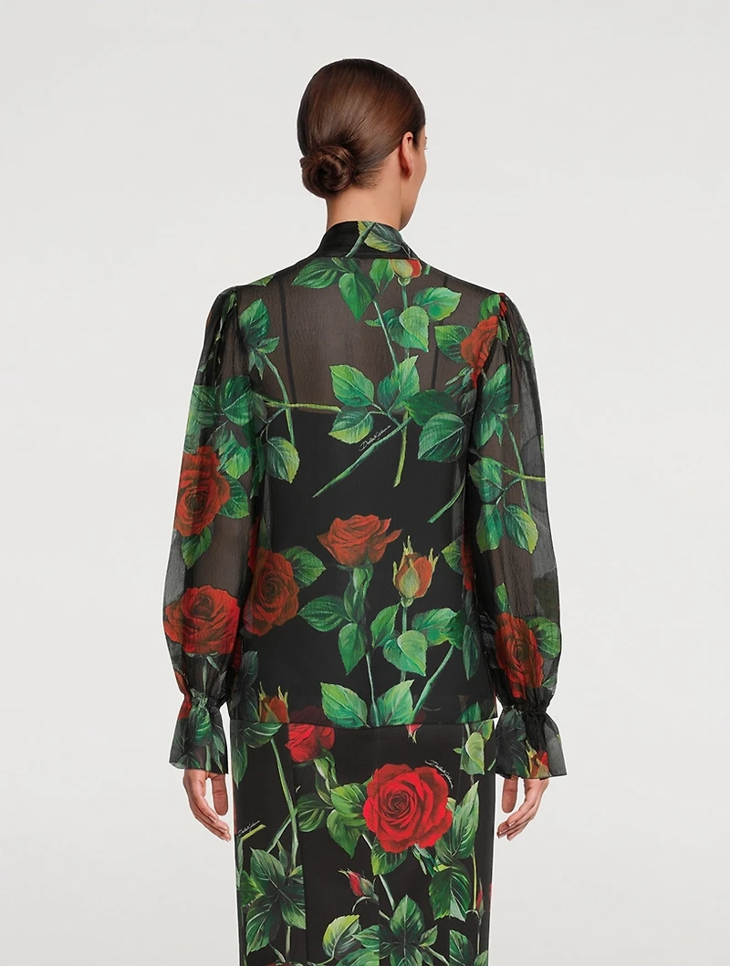Silk Chiffon Pussy-Bow Blouse Rose Print
