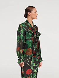 Silk Chiffon Pussy-Bow Blouse Rose Print