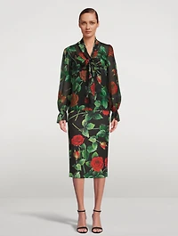 Silk Chiffon Pussy-Bow Blouse Rose Print