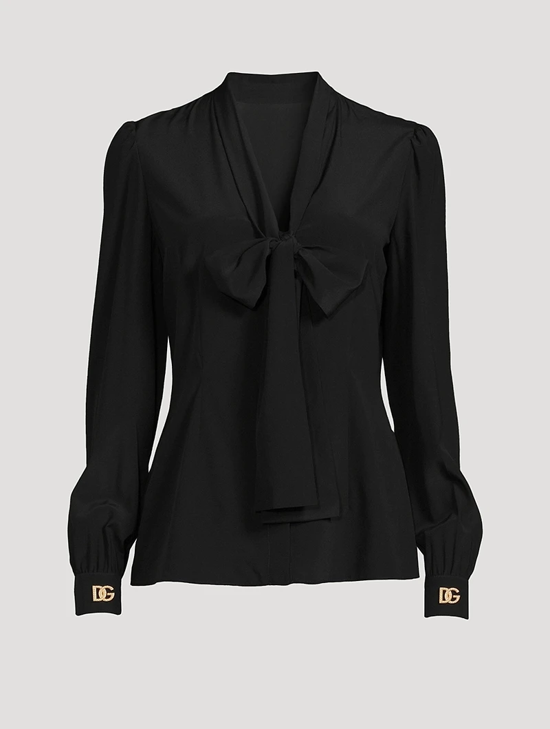 Crepe de Chine Pussy-Bow Blouse With Crystal Logos
