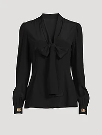 Crepe de Chine Pussy-Bow Blouse With Crystal Logos
