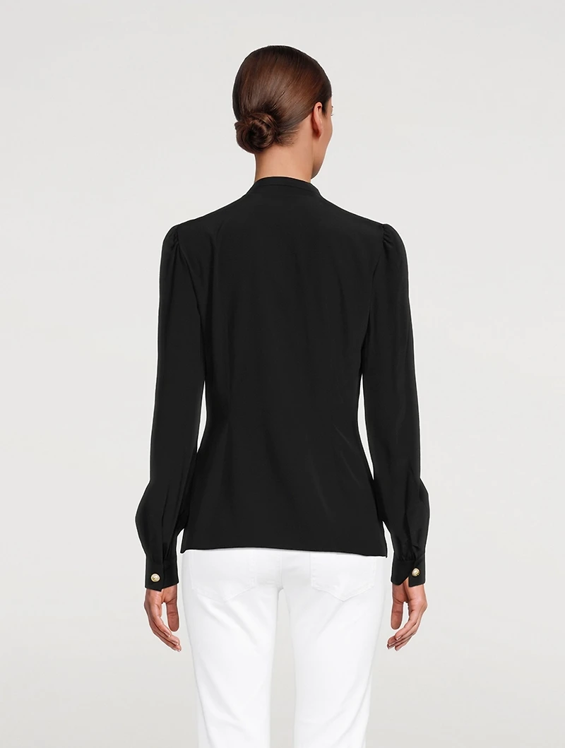 Crepe de Chine Pussy-Bow Blouse With Crystal Logos