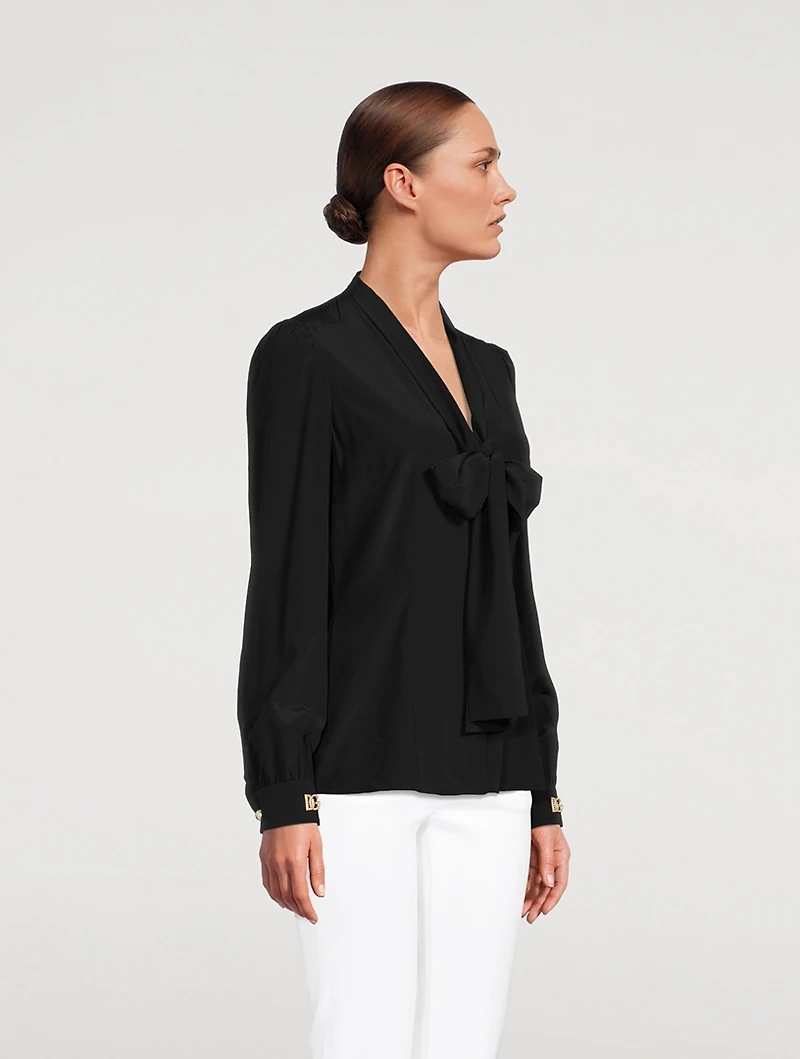 Crepe de Chine Pussy-Bow Blouse With Crystal Logos