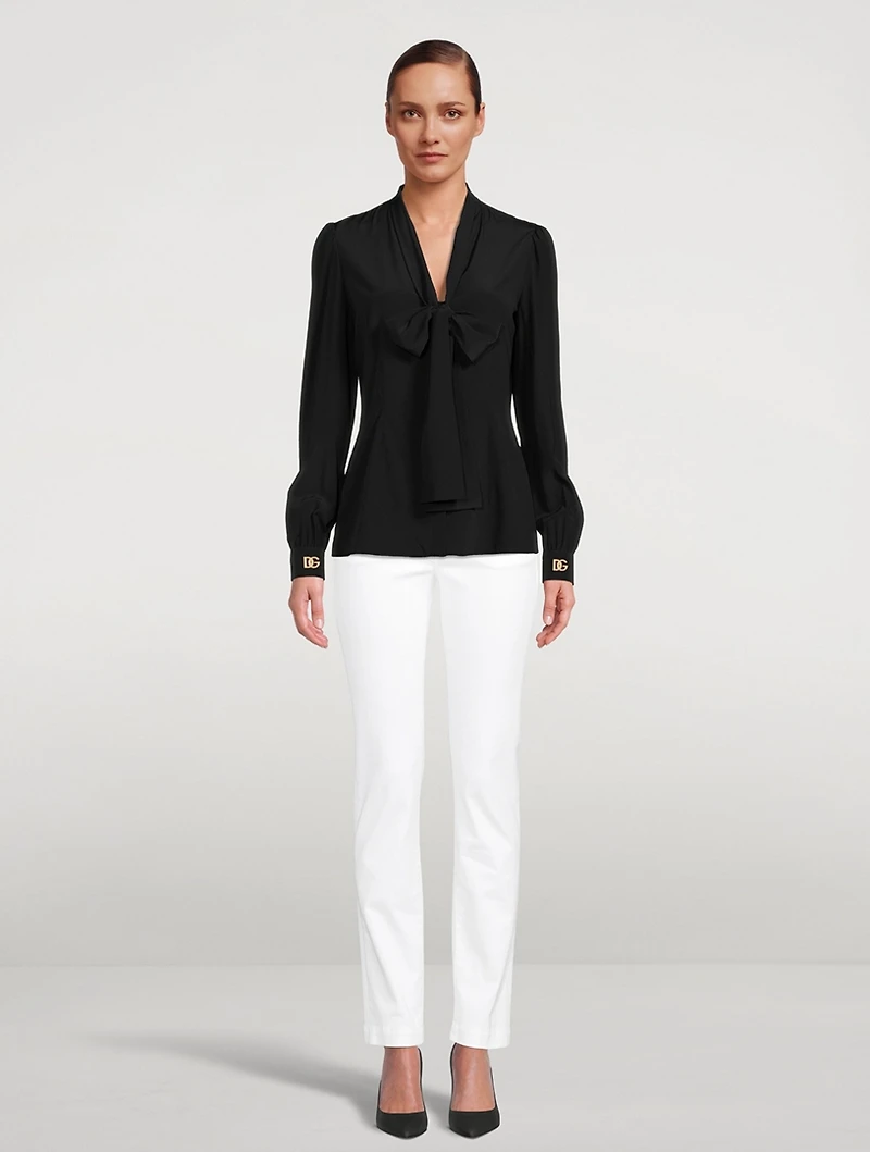 Crepe de Chine Pussy-Bow Blouse With Crystal Logos