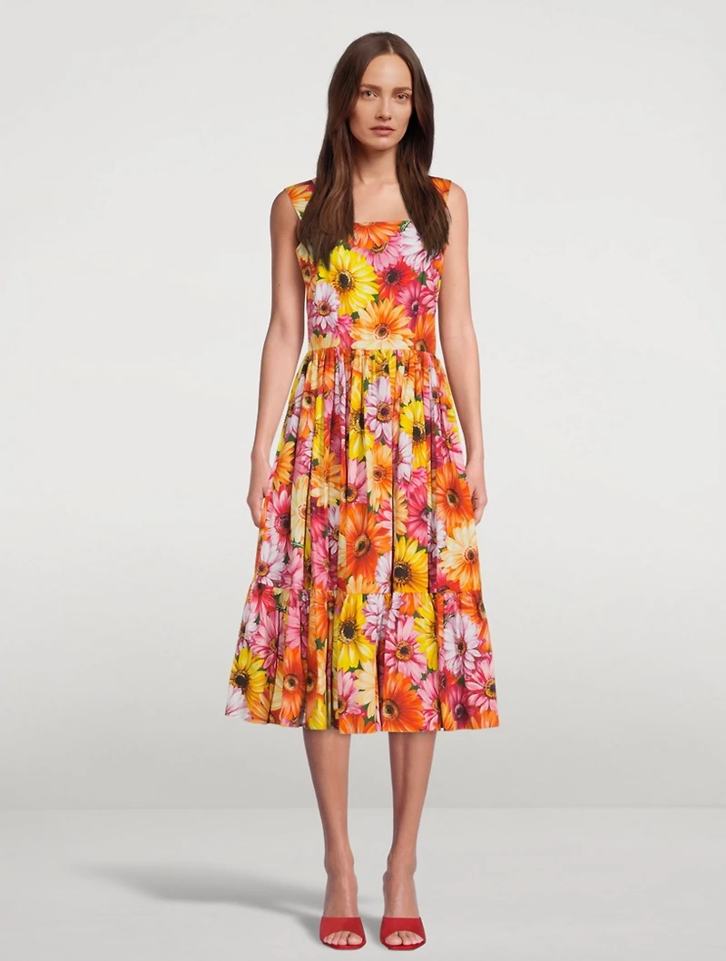 Poplin Midi Dress Gerbera Daisy Print