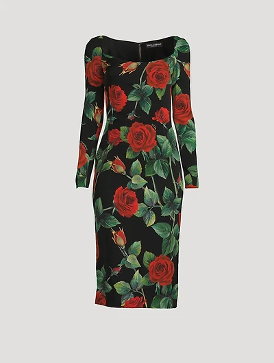 Stretch Silk Midi Dress Rose Print