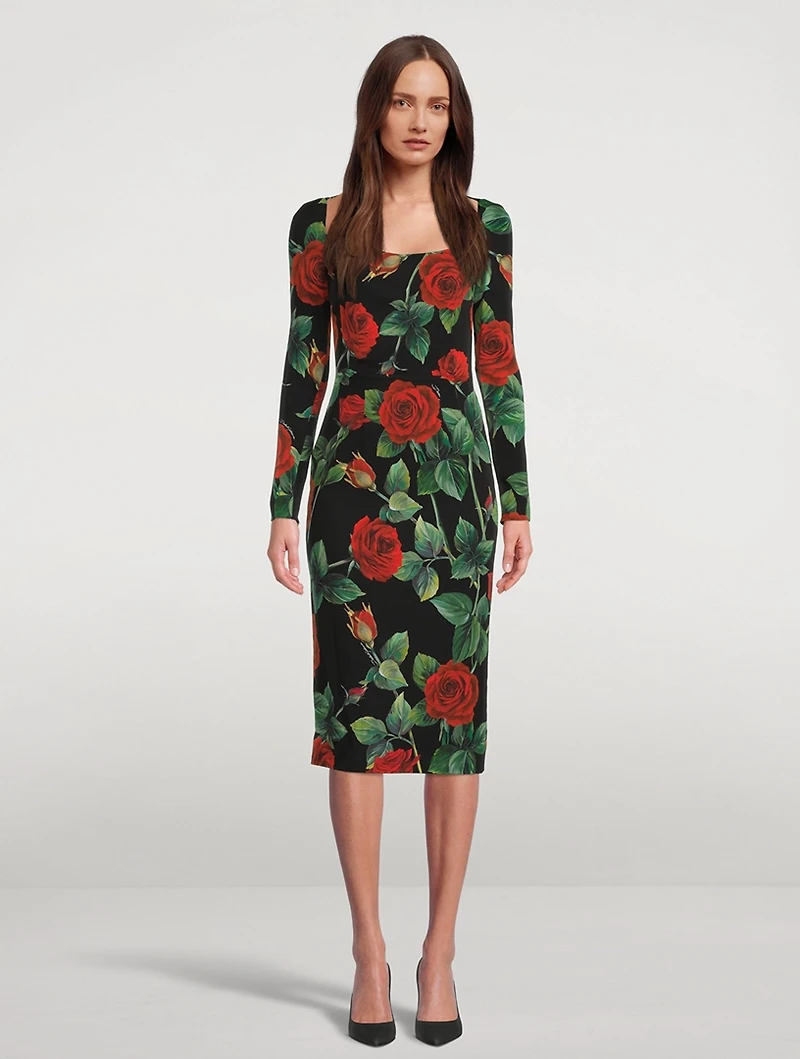 Stretch Silk Midi Dress Rose Print