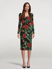 Stretch Silk Midi Dress Rose Print