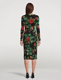 Stretch Silk Midi Dress Rose Print