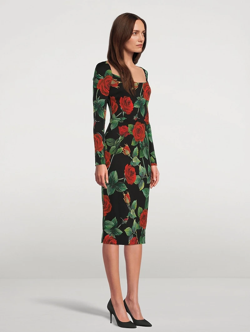 Stretch Silk Midi Dress Rose Print