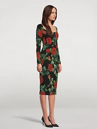 Stretch Silk Midi Dress Rose Print