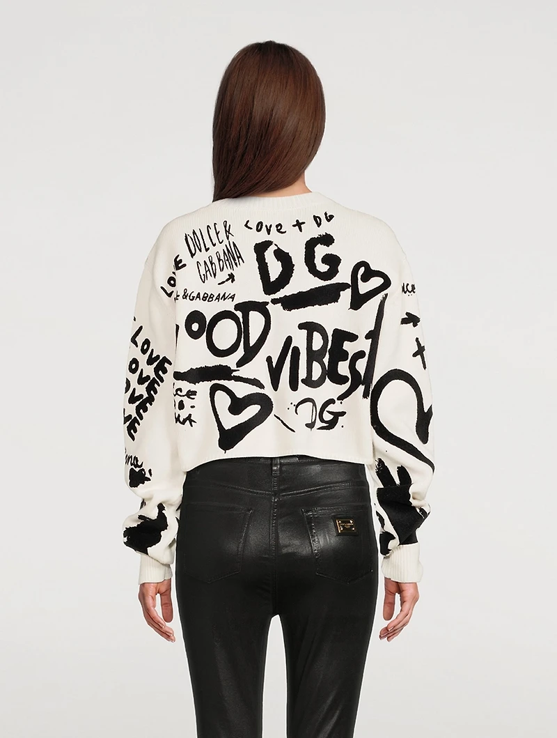 Intarsia Cropped Sweater Flocked Graffiti Print