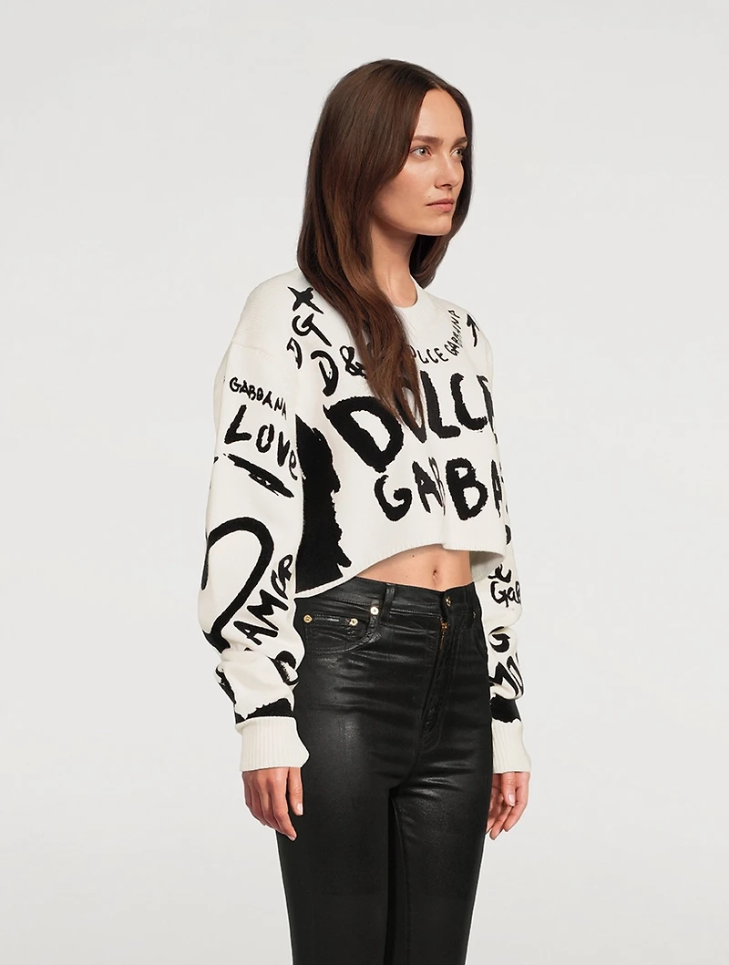 Intarsia Cropped Sweater Flocked Graffiti Print