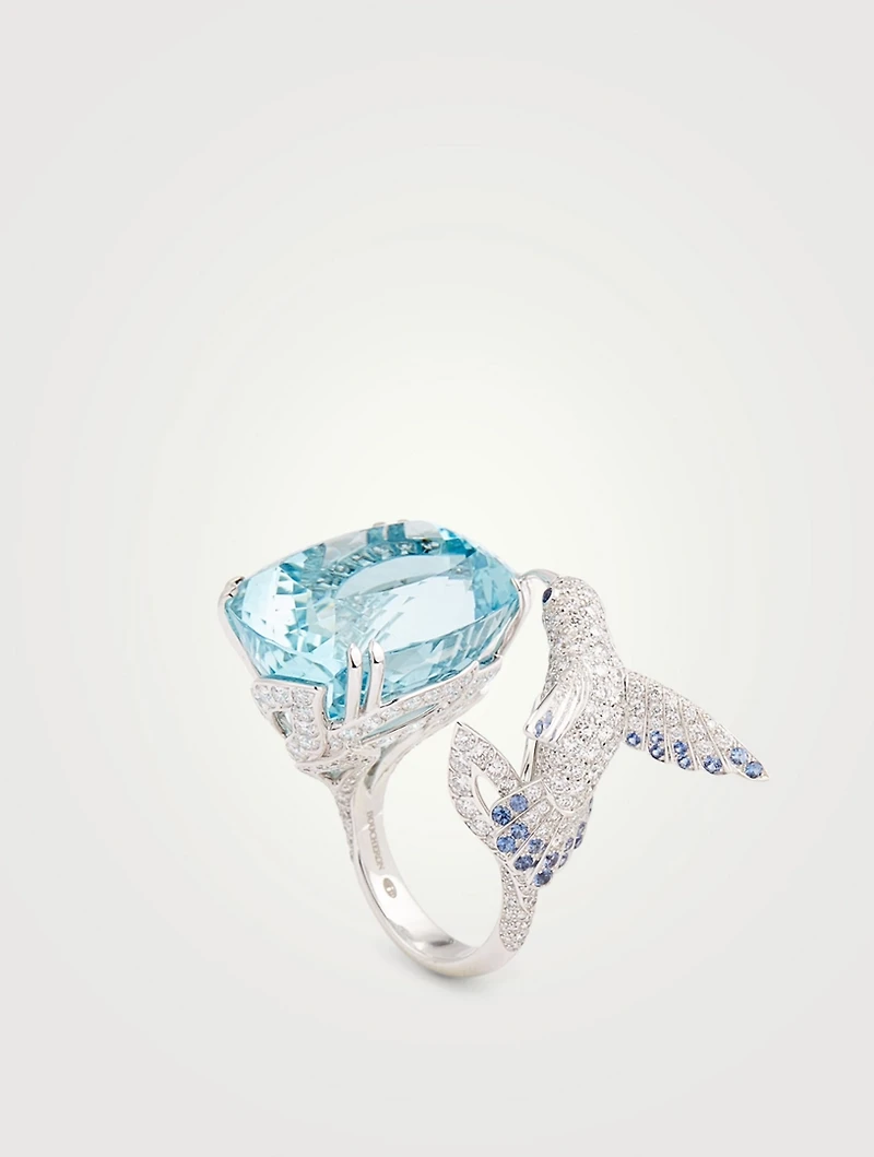 Hopi The Hummingbird White Gold Ring With Aquamarine And Diamonds