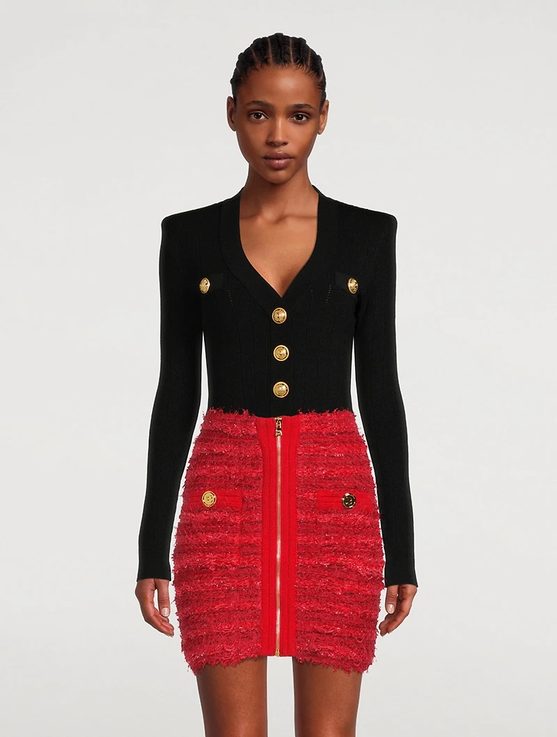 Zip-Front Tweed Mini Skirt