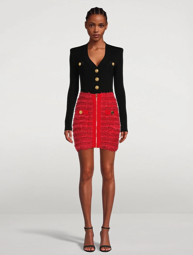 Zip-Front Tweed Mini Skirt