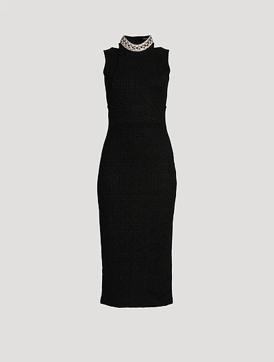 Velvet Monogram Midi Dress With Chain Collar