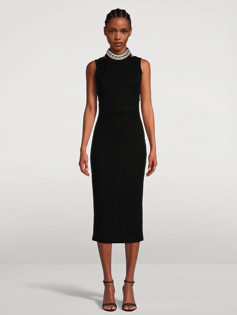 Velvet Monogram Midi Dress With Chain Collar