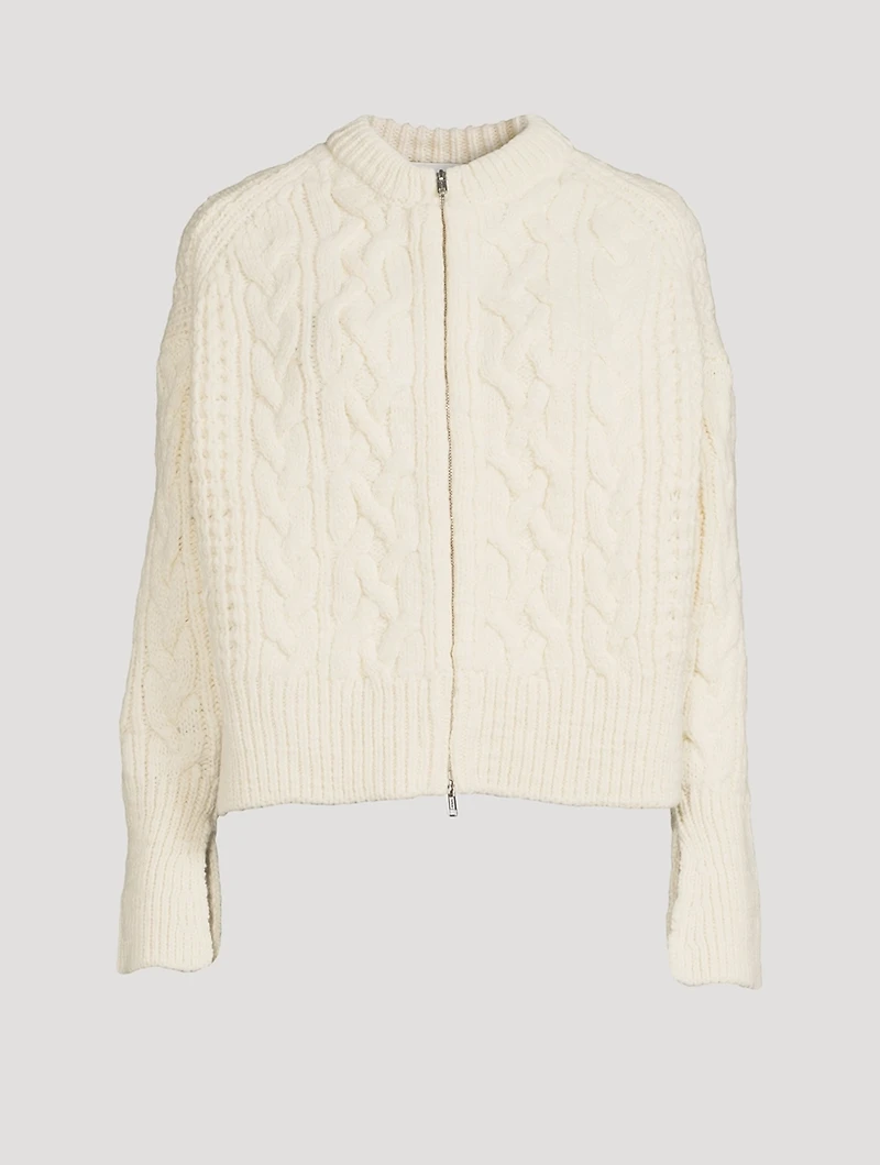 Cable-Knit Wool Zip-Front Cardigan