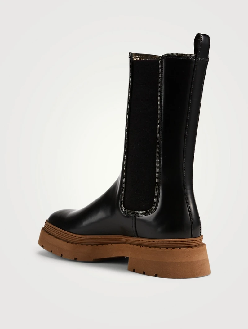 Leather Mid-Calf Chelsea Boots With Monili