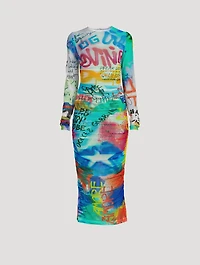 Tulle Midi Dress Graffiti Print