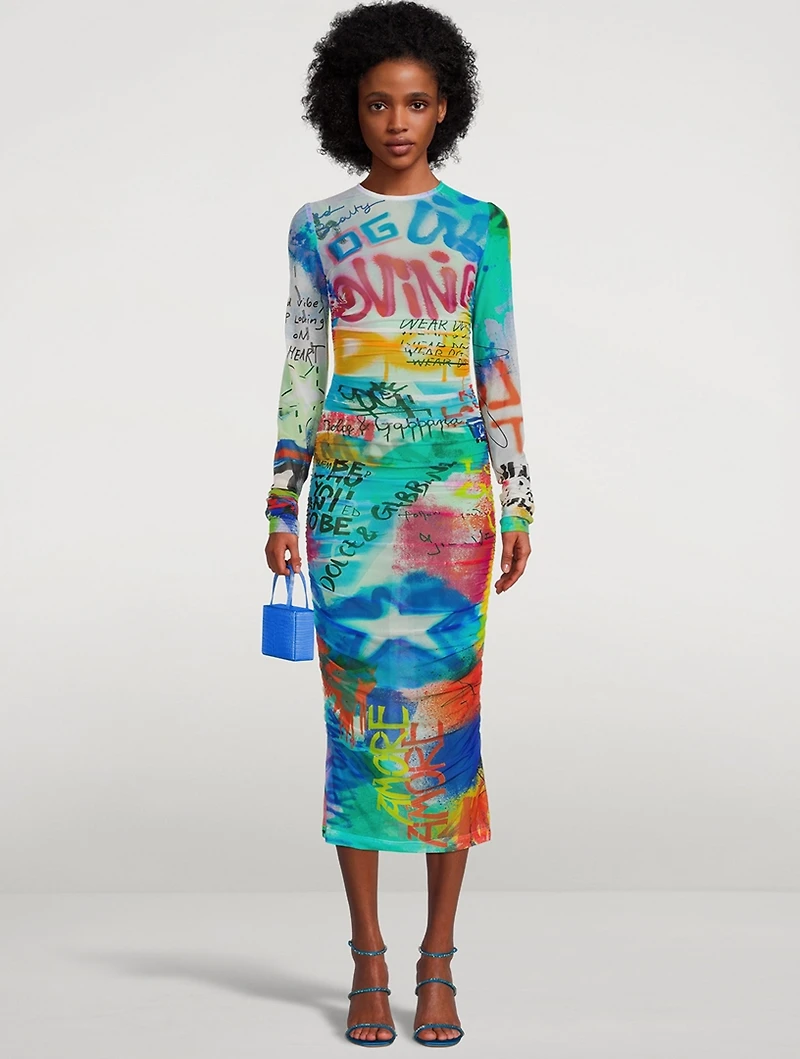 Tulle Midi Dress Graffiti Print