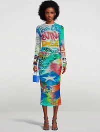 Tulle Midi Dress Graffiti Print
