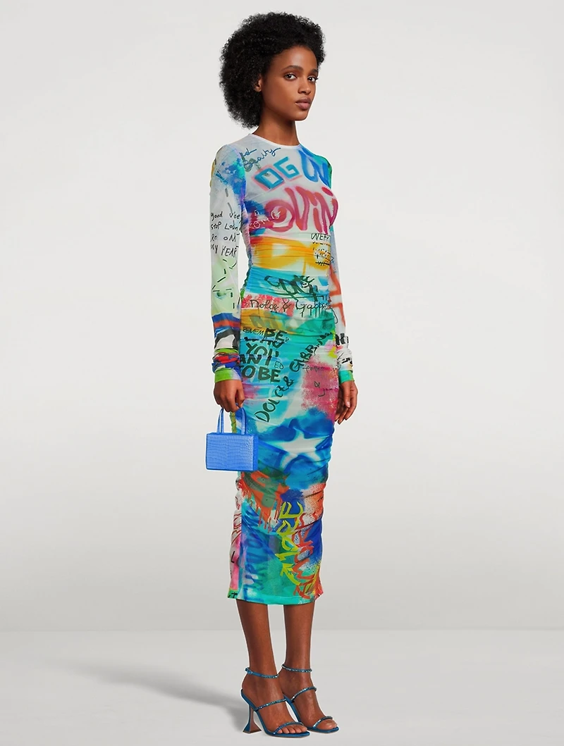 Tulle Midi Dress Graffiti Print