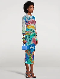 Tulle Midi Dress Graffiti Print