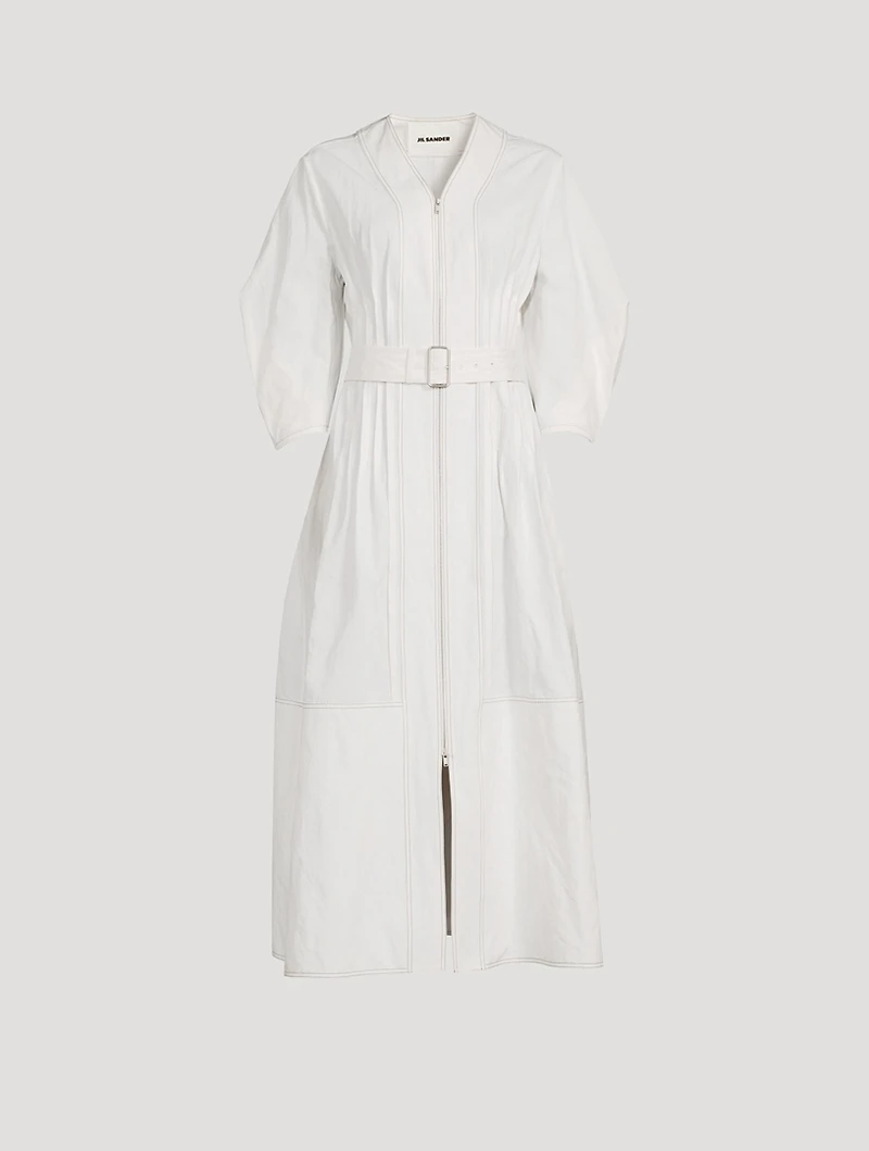 Pleated Zip-Front Midi Dress With Belt