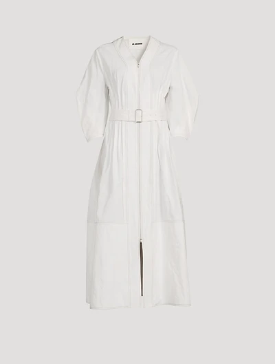 Pleated Zip-Front Midi Dress With Belt