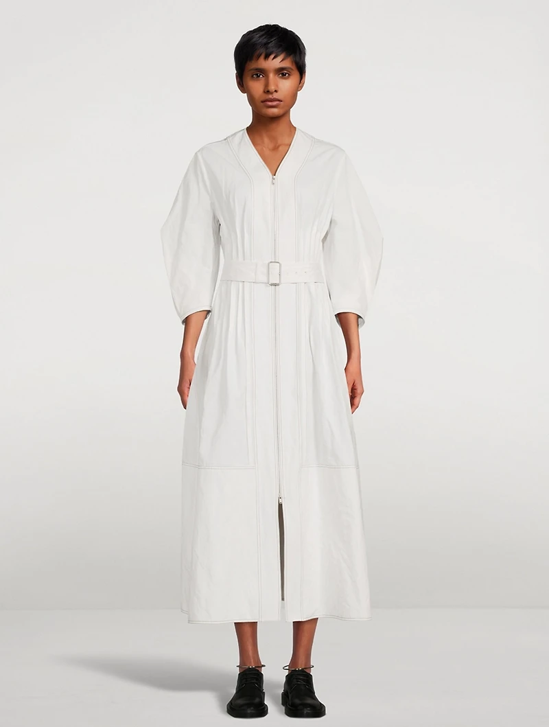 Pleated Zip-Front Midi Dress With Belt