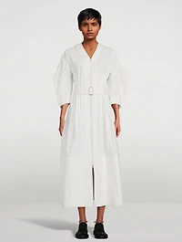 Pleated Zip-Front Midi Dress With Belt