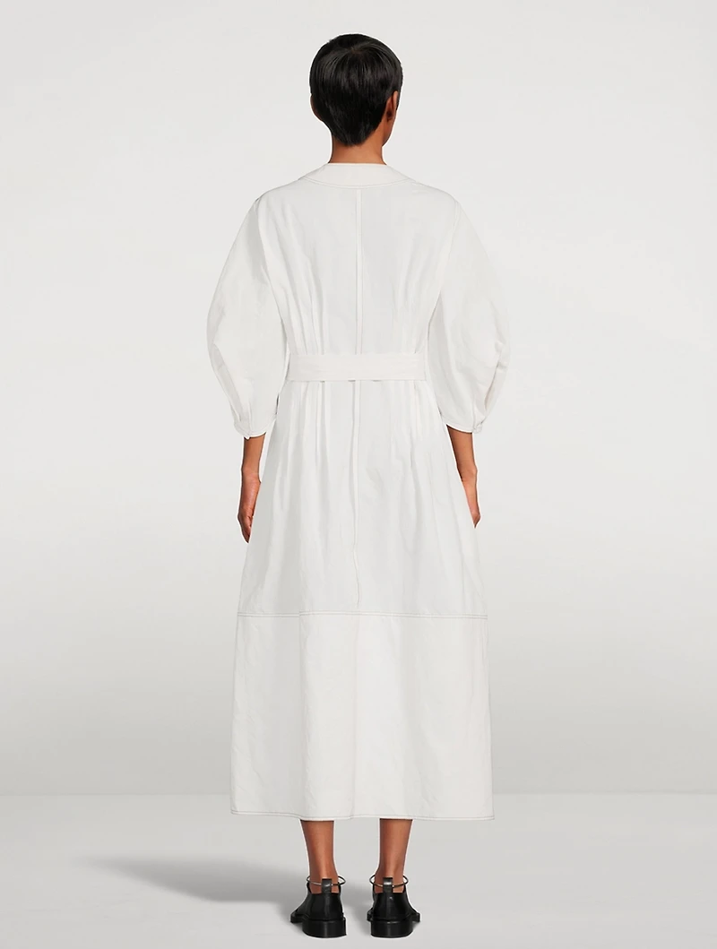 Pleated Zip-Front Midi Dress With Belt