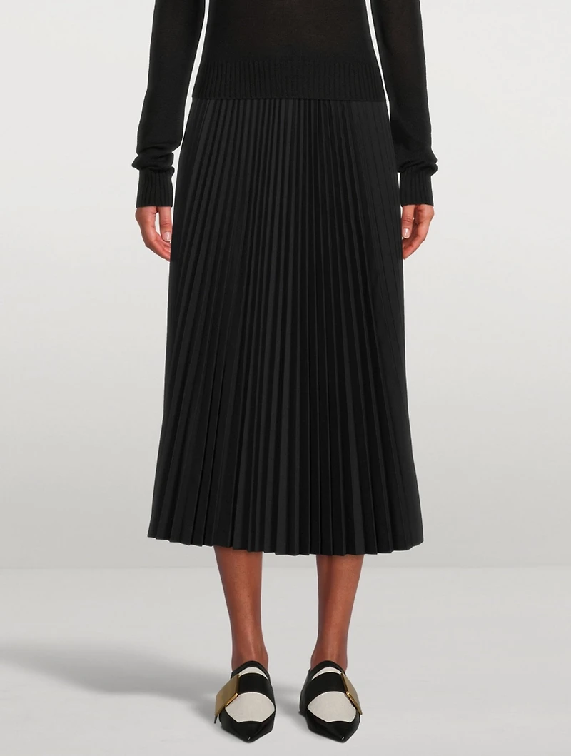 Wool Stretch Pleated Midi Skirt