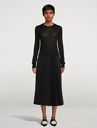 Wool Stretch Pleated Midi Skirt