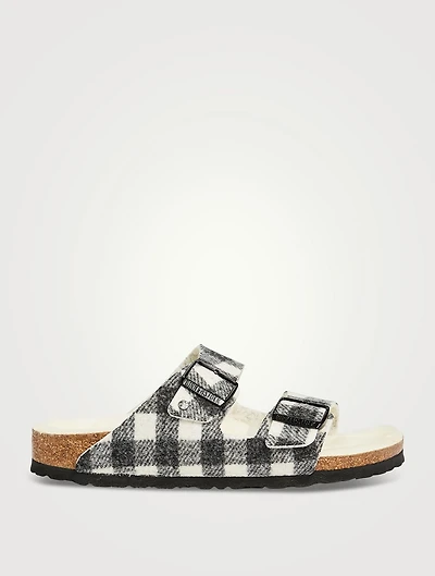 Arizona Shearling-Lined Wool Slide Sandals Plaid Print