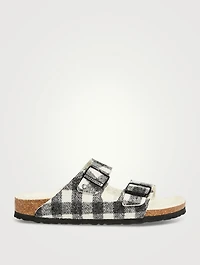 Arizona Shearling-Lined Wool Slide Sandals Plaid Print