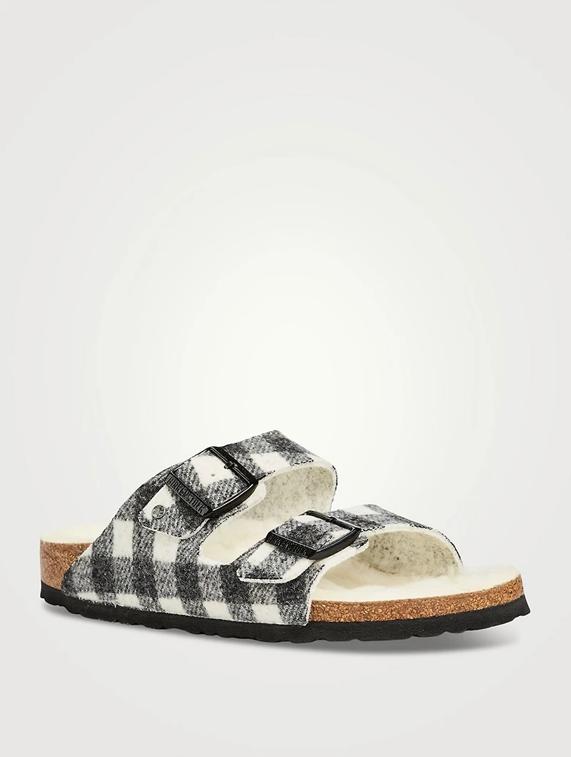 Arizona Shearling-Lined Wool Slide Sandals Plaid Print