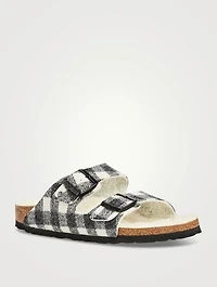 Arizona Shearling-Lined Wool Slide Sandals Plaid Print