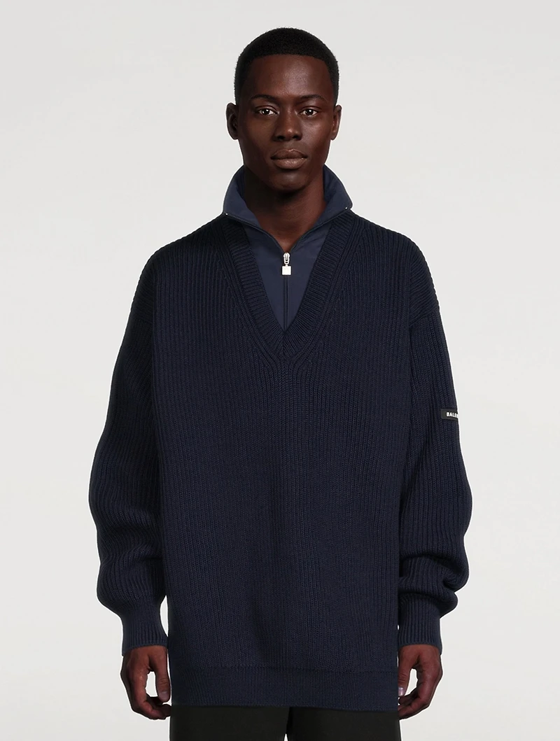 Wool Ribbed Knit Layered V-Neck Track Sweater