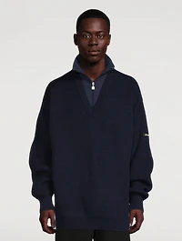 Wool Ribbed Knit Layered V-Neck Track Sweater