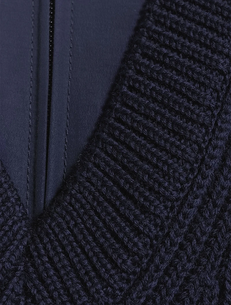 Wool Ribbed Knit Layered V-Neck Track Sweater