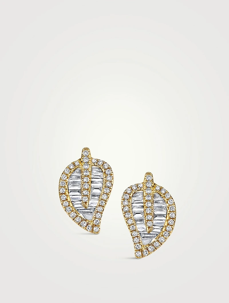 Medium 18K Gold Leaf Stud Earrings With Diamonds
