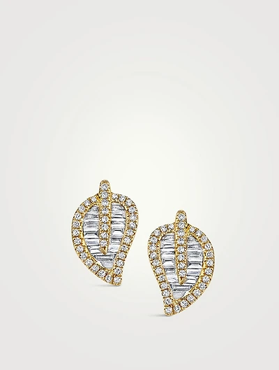 Medium 18K Gold Leaf Stud Earrings With Diamonds
