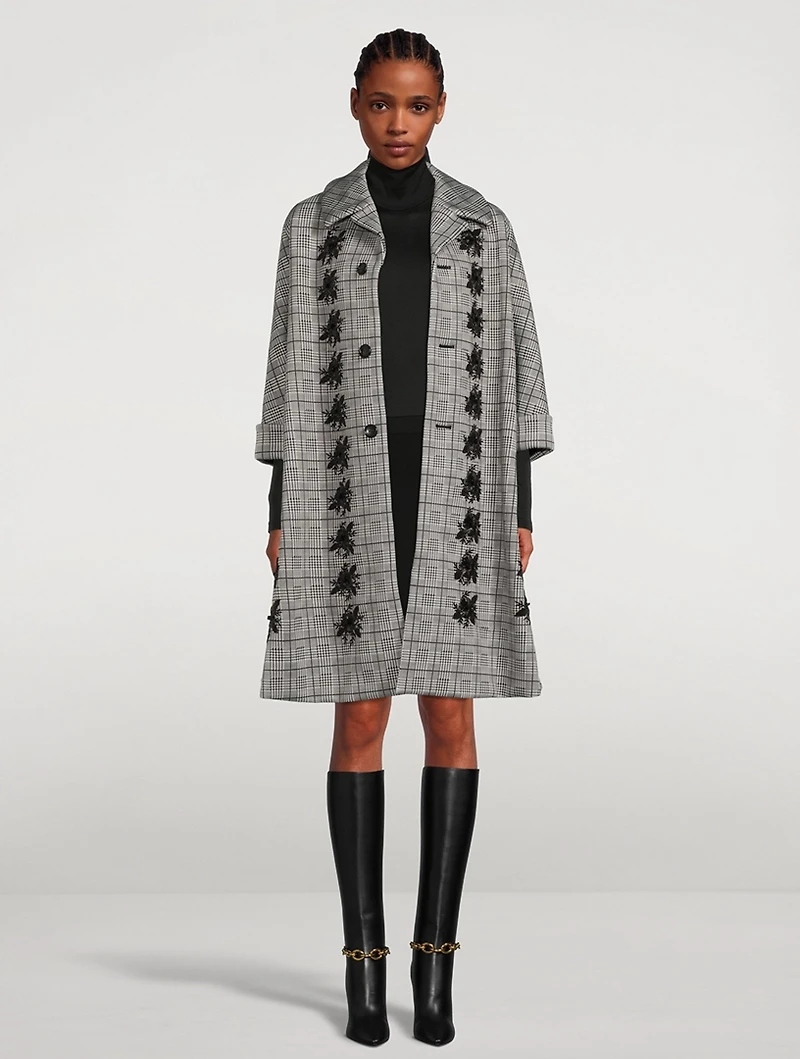 A-Line Coat Glen Check Print With Floral Embroidery