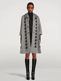 A-Line Coat Glen Check Print With Floral Embroidery