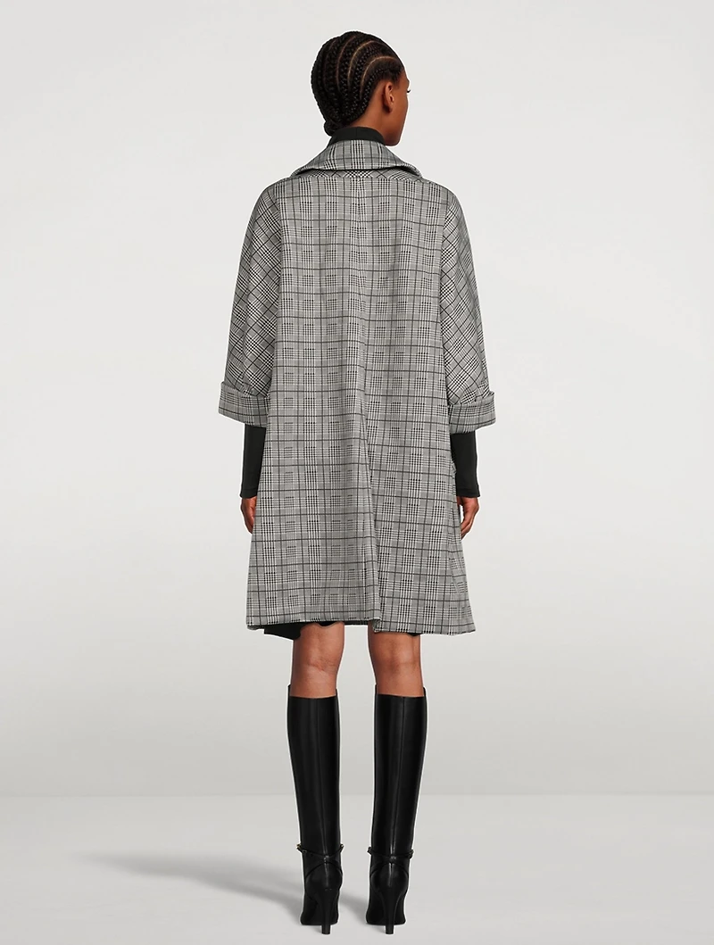 A-Line Coat Glen Check Print With Floral Embroidery