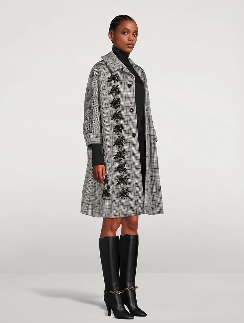 A-Line Coat Glen Check Print With Floral Embroidery